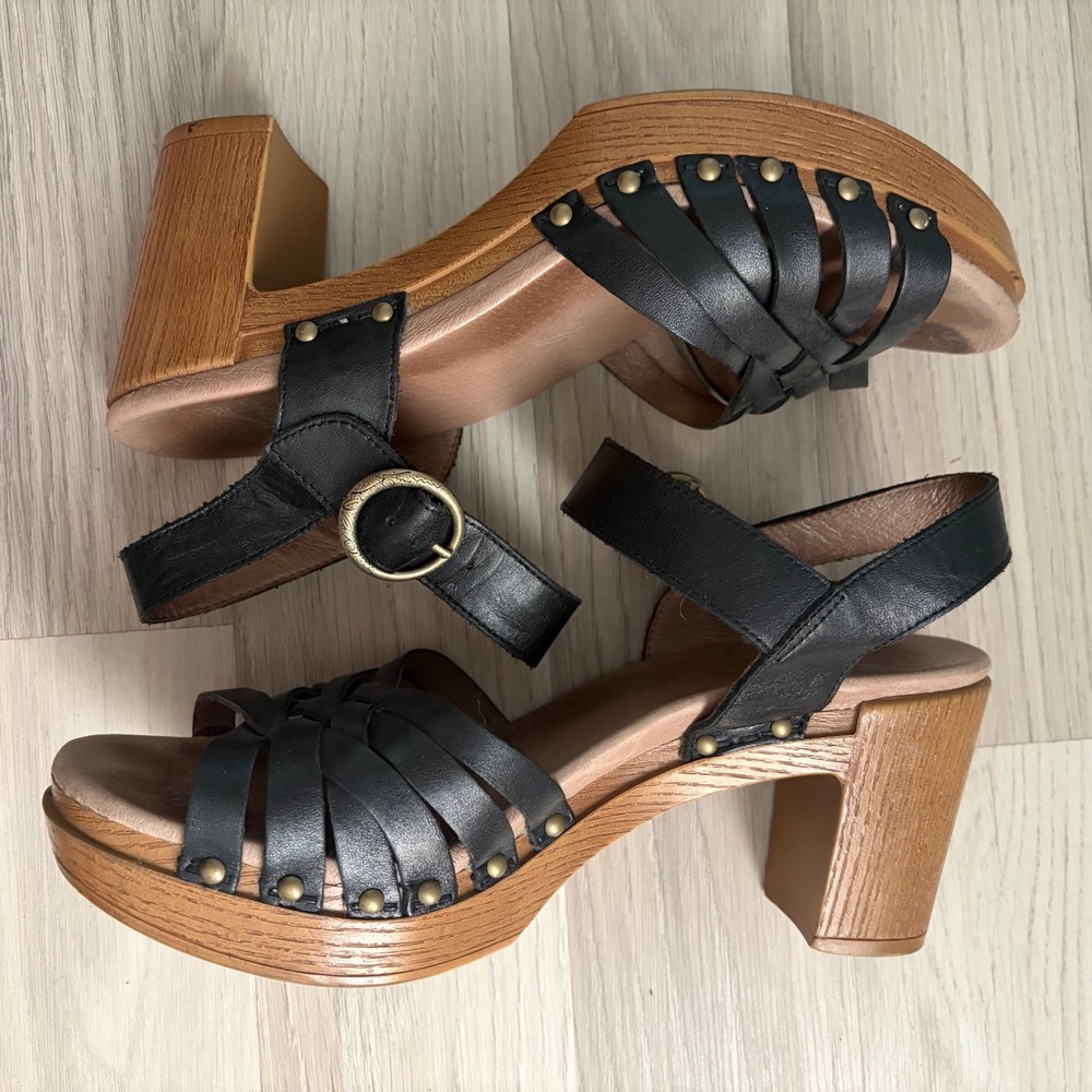 Dansko Dawson Black Leather Strappy Platform Clog Sandals Wood Block Heel 40